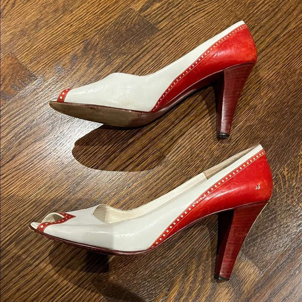 Bruno Magli White and Red Peep Vintage Toe Heels - Picture 5 of 8